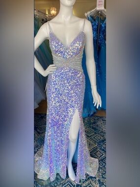 Iridescent Lavender Sequin Prom Dress with Silver Waist